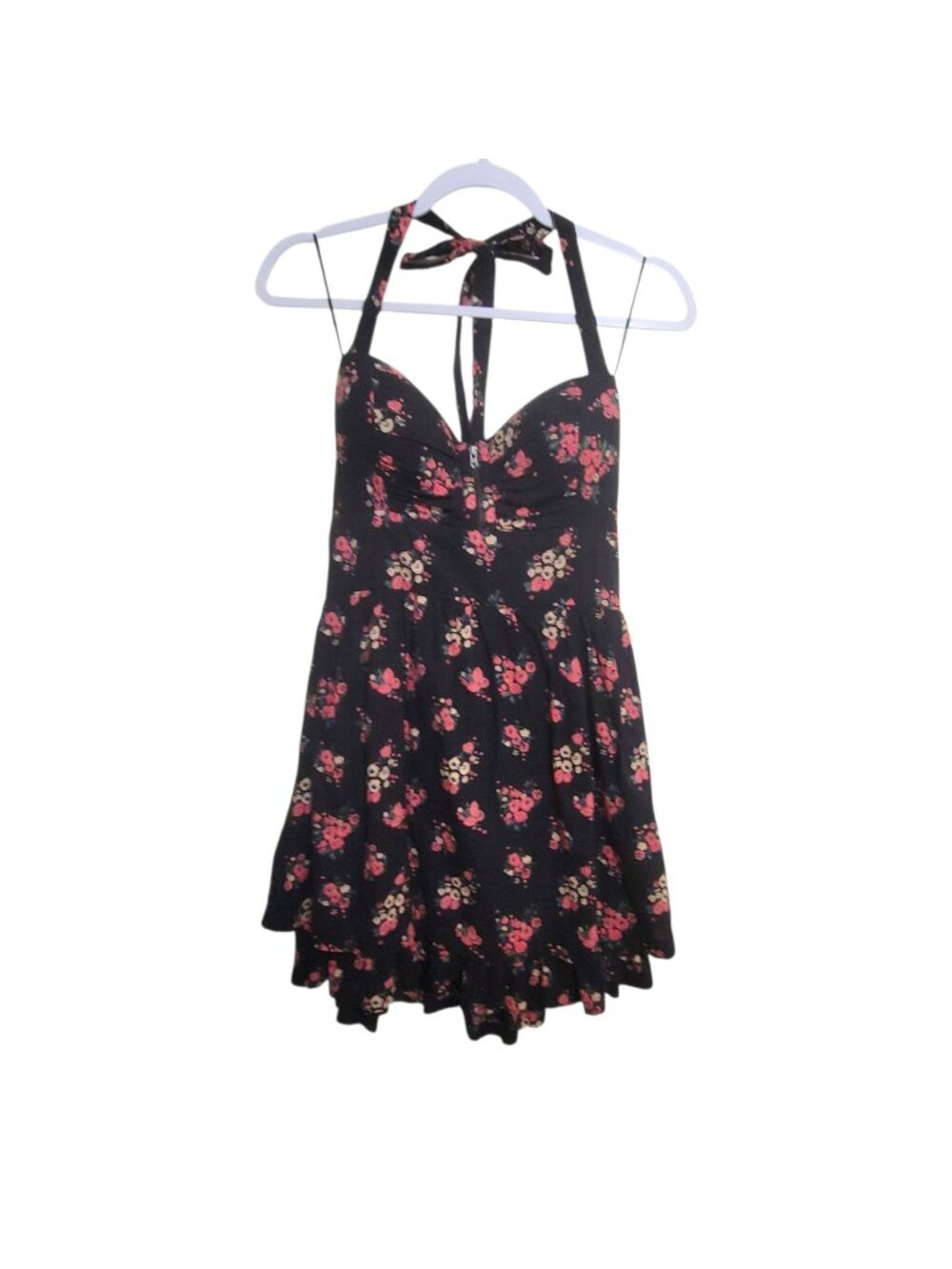 Guess Halter Black Pink Floral Sz 10 Sundress Smocked Bodice Back Tiered Skirt